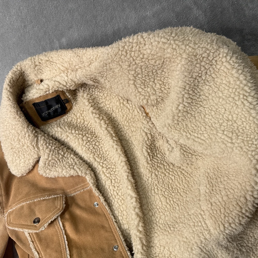 VTG JCPenney Jacket Men 40 Brown Suede Leather Trucker Sherpa Yellowstone 70s - Picture 11 of 13